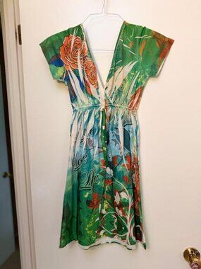 Tropical Green & Multicolor Print Low Cut Cotton Dress from Hawaii-Size S